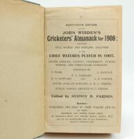 Wisden Cricketers’ Almanack 1908 and 1909. 45th & 46th editions. Both editions bound in green boards, lacking original paper wrappers, with gilt titles to spine, red speckled page edges. Both editions lacking first and all rear advertising pages, the 1909