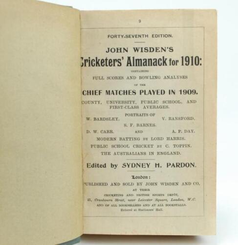 Wisden Cricketers’ Almanack 1910 and 1911. 47th & 48th editions. Both editions bound in green boards, the 1910 edition lacking original paper wrappers, the 1911 with original rear wrapper, with gilt titles to spine, red speckled page edges. The 1910 editi