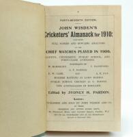 Wisden Cricketers’ Almanack 1910 and 1911. 47th & 48th editions. Both editions bound in green boards, the 1910 edition lacking original paper wrappers, the 1911 with original rear wrapper, with gilt titles to spine, red speckled page edges. The 1910 editi