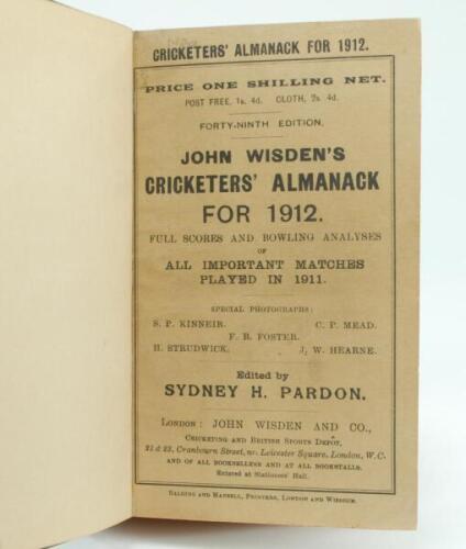 Wisden Cricketers’ Almanack 1912. 49th edition. Bound in green boards, with original wrappers, with gilt titles to spine, red speckled page edges. Some fading to green boards. Good/very good condition.