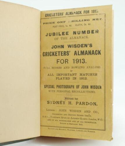 Wisden Cricketers’ Almanack 1913. 50th edition. Bound in green boards, with original wrappers, with gilt titles to spine, red speckled page edges. Some wear to the rear wrapper otherwise in good/very good condition. Some fading to green boards.