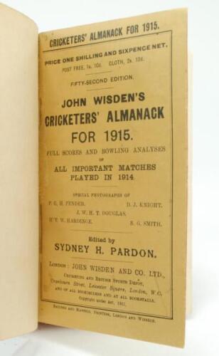 Wisden Cricketers’ Almanack 1915. 52nd edition. Bound in green boards, with original front wrapper, with gilt titles to spine, red speckled page edges. Some fading to green boards. Good/very good condition.