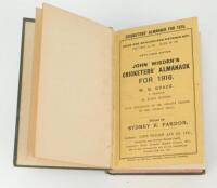 Wisden Cricketers’ Almanack 1916 and 1917. 53rd and 54th editions. Original paper wrappers, the two volumes bound together in green boards with title and date to spine in gilt, red speckled page edges. Some fading to green boards. Very good condition. Rar