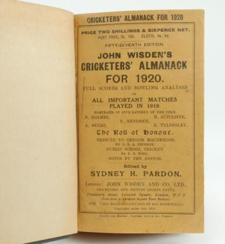 Wisden Cricketers’ Almanack 1920. 57th edition. Bound in green boards, with original wrappers, with gilt titles to spine, red speckled page edges. Some fading to green boards. Good/very good condition.