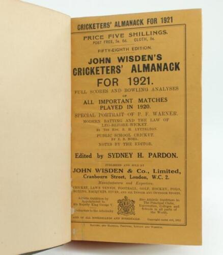 Wisden Cricketers’ Almanack 1921. 58th edition. Bound in green boards, with original wrappers, with gilt titles to spine, red speckled page edges. Some fading to green boards. Good/very good condition.