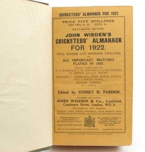 Wisden Cricketers’ Almanack 1922. 59th edition. Bound in green boards, with original wrappers, with gilt titles to spine, red speckled page edges. Some fading to green boards. Good/very good condition.