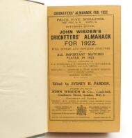 Wisden Cricketers’ Almanack 1922. 59th edition. Bound in green boards, with original wrappers, with gilt titles to spine, red speckled page edges. Some fading to green boards. Good/very good condition.