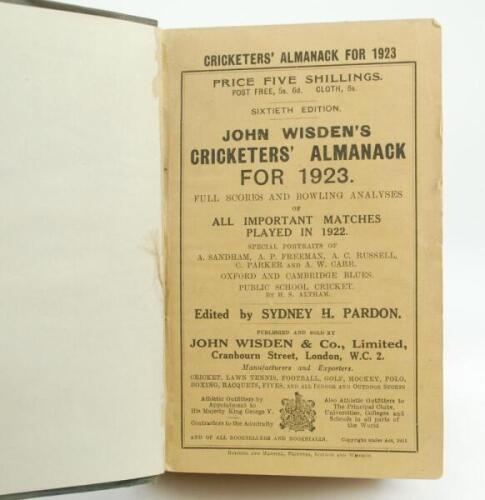 Wisden Cricketers’ Almanack 1923. 60th edition. Bound in green boards, with original wrappers, with gilt titles to spine. Some fading to green boards, odd minor faults otherwise in good/very good condition.