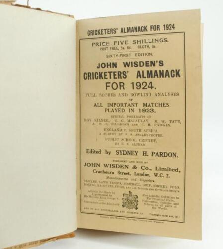 Wisden Cricketers’ Almanack 1924. 61st edition. Bound in green boards, with original wrappers, with gilt titles to spine. Some fading to green boards otherwise in very good condition.