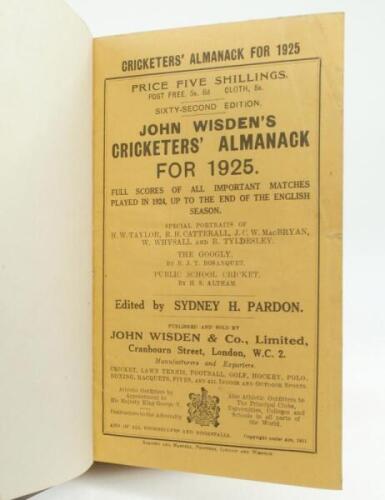 Wisden Cricketers’ Almanack 1925. 62nd edition. Bound in green boards, with original wrappers, with gilt titles to spine. Some fading to green boards, minor nick to the edge off the front wrapper, odd minor faults otherwise in good/very good condition.