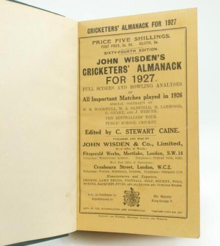 Wisden Cricketers’ Almanack 1927. 64th edition. Bound in green boards, with original wrappers, with gilt titles to spine. Very good condition.