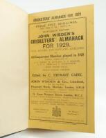 Wisden Cricketers’ Almanack 1929. 66th edition. Bound in green boards, with original wrappers, with gilt titles to spine. Broken front internal hinge otherwise in very good condition.