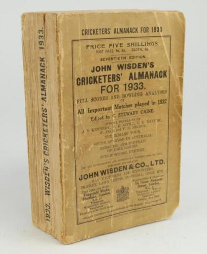 Wisden Cricketers’ Almanack 1933. 70th edition. Original paper wrappers. Darkening to wrappers and spine paper, creasing and wear to front wrapper internally good.