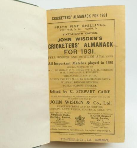 Wisden Cricketers’ Almanack 1931. 68th edition. Bound in green boards, with original wrappers, with gilt titles to spine. Some minor staining to page block edges, some wear to gilt titles on the spine paper otherwise in good/very good condition.