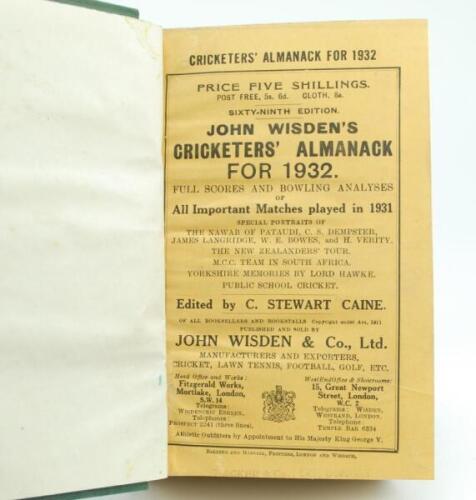 Wisden Cricketers’ Almanack 1932. 69th edition. Bound in green boards, with original wrappers, with gilt titles to spine. Some minor staining and soiling to page block edges, some wear to gilt titles on the spine paper otherwise in good/very good conditio