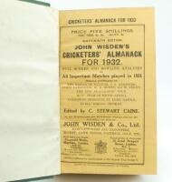 Wisden Cricketers’ Almanack 1932. 69th edition. Bound in green boards, with original wrappers, with gilt titles to spine. Some minor staining and soiling to page block edges, some wear to gilt titles on the spine paper otherwise in good/very good conditio