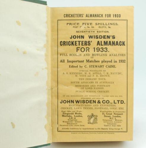 Wisden Cricketers’ Almanack 1933. 70th edition. Bound in green boards, with original wrappers, with gilt titles to spine. Some minor wear and very minor faults to wrappers, some wear to gilt titles on the spine paper otherwise in good/very good condition.