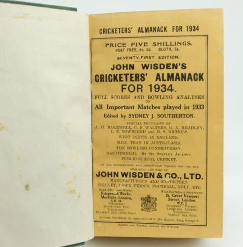 Wisden Cricketers’ Almanack 1934. 71st edition. Bound in green boards, with original wrappers, with gilt titles to spine. Some minor wear to odd page edge, some wear to gilt titles on the spine paper and to front green board otherwise in good/very good co