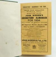 Wisden Cricketers’ Almanack 1934. 71st edition. Bound in green boards, with original wrappers, with gilt titles to spine. Some minor wear to odd page edge, some wear to gilt titles on the spine paper and to front green board otherwise in good/very good co