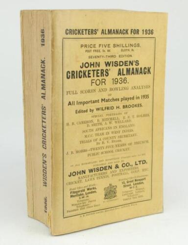 Wisden Cricketers’ Almanack 1936. 73rd edition. Original paper wrappers. Some bowing to spine, some minor soiling to wrappers otherwise in good condition.