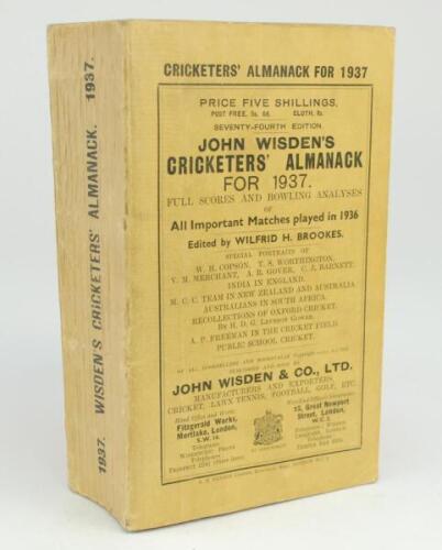 Wisden Cricketers’ Almanack 1937. 74th edition. Original paper wrappers. Very slight bowing to spine, some light wrinkling to rear wrapper otherwise in good/very good condition.