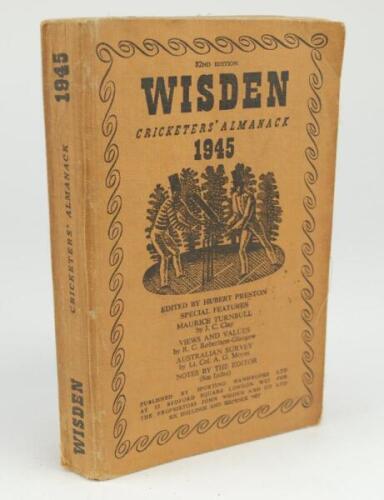 Wisden Cricketers’ Almanack 1945. 82nd edition. Original limp cloth covers. Only 6500 paper copies printed in this war year. Slightly cocked spine to the right , some soiling to rear cover, signature and date of ownership to first advertising page otherwi