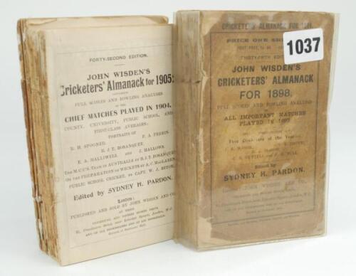 Wisden Cricketers’ Almanack 1898. 35th edition. Original paper wrappers. Both wrappers, to front and rear, detached. The wrappers worn, soiled, darkened, old tape marks and damaged with loss, the spine block broken and page sections becoming loose. Only f