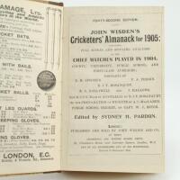 Wisden Cricketers’ Almanack 1905. 42nd edition. Bound in brown and beige boards, lacking original wrappers, with gilt titles to spine. Lacking first advertisement page at the front and last five advertising pages at the back, odd faults, trimming a little