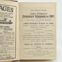 Wisden Cricketers’ Almanack 1907. 44th edition. Bound in brown and beige boards, lacking original wrappers, with gilt titles to spine. Odd faults, trimming a little tight by the binder otherwise in good condition.