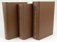 Wisden Cricketers’ Almanack 1907, 1908 and 1909. 44th, 45th & 46th editions. Bound in dark brown boards, lacking original paper wrappers, with gilt titles to spine. The 1907 edition lacking first and last advertising pages, with wear, tears and some damag