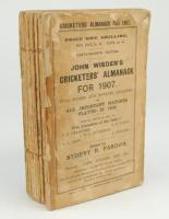 Wisden Cricketers’ Almanack 1907. 44th edition. Original wrappers. Poor wrappers with soiling, age toning and loss to extremities, broken book block, page sections becoming loose, almost total loss to spine paper, otherwise in good condition.