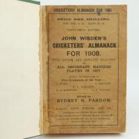 Wisden Cricketers’ Almanack 1908. 45th edition. Bound in green boards, original paper wrappers, with gilt titles to spine, red speckled page edges. Some soiling and wear to wrappers, trimming a little tight by the binder otherwise in good condition.