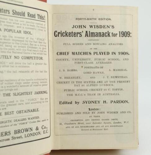 Wisden Cricketers’ Almanack 1909. 46th edition. Bound in brown boards, lacking original paper wrappers, with gilt titles to spine. Book complete, slightly irregular binding of the page sections otherwise in good condition.