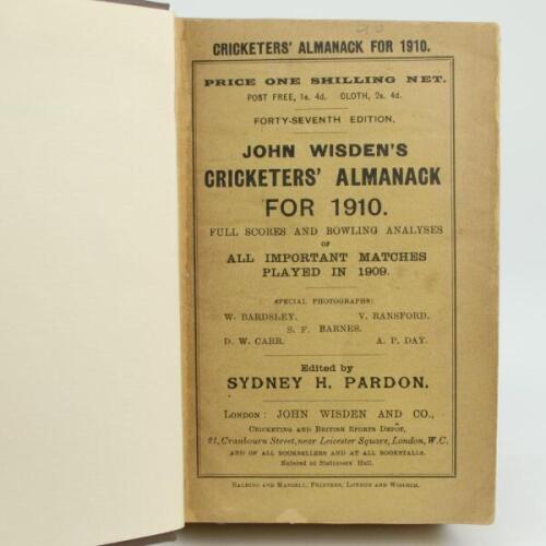 Wisden Cricketers’ Almanack 1910. 47th edition. Bound in dark brown boards, with original wrappers, gilt titles to spine. Generally good/very good condition.