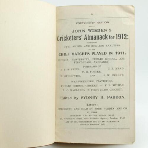 Wisden Cricketers’ Almanack 1912 and 1922. 49th & 59th edition. Both books bound in brown boards, lacking original paper wrappers, with titles to spine. The 1912 edition lacking advertising pages at the front of the book otherwise in generally good condit