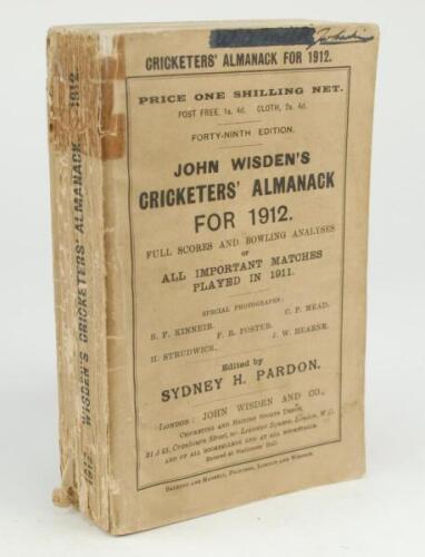 Wisden Cricketers’ Almanack 1912. 49th edition. Original paper wrappers. Some breaking to spine block, wear and some loss to spine paper, old tape mark across the top of the spine just affecting the front and rear wrapper, handwritten name crossed out to 