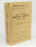 Wisden Cricketers’ Almanack 1914. 51st edition. Original paper wrappers. Wear with minor loss to the spine paper, slight breaking between the spine paper and the front cover, very slight age toning to wrappers otherwise in good+ condition.