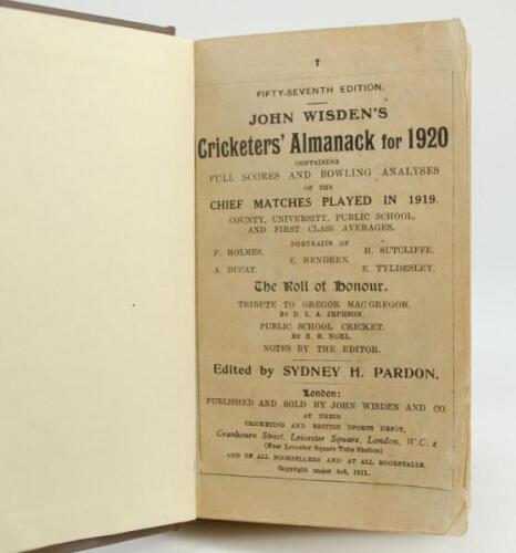 Wisden Cricketers’ Almanack 1920, 1927 and 1928. 57th, 64th & 65th editions. Bound in dark brown boards, lacking original paper wrappers, with gilt titles to spine. The 1920 edition lacking advertising pages at front and rear, the 1927 edition with rear w