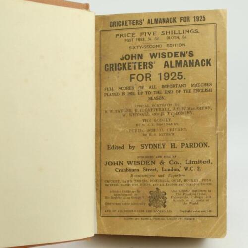 Wisden Cricketers’ Almanack 1925 and 1927. 62nd & 64th editions. Both bound in boards, one light brown and one black, with original wrappers, gilt titles to spine. The 1925 edition with some wear, darkening and age toning to wrappers, label removed to tit