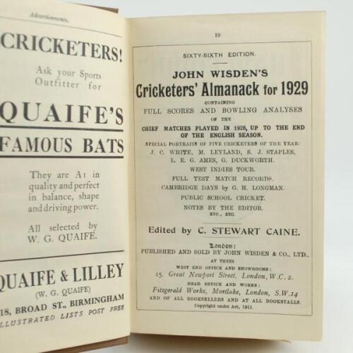 Wisden Cricketers’ Almanack 1929, 1930 and 1931. 69th, 70th & 71st editions. Bound in dark brown boards, lacking original paper wrappers, with gilt titles to spine. All three editions complete, odd minor faults otherwise in good condition. Qty 3 .