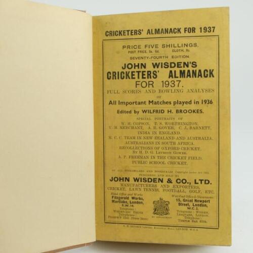 Wisden Cricketers’ Almanack 1937. 74th edition. Bound in light brown boards, with original paper wrappers, with gilt titles to spine. Light soiling to wrappers otherwise in good/very good condition.