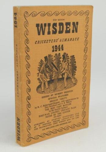 Wisden Cricketers’ Almanack 1944. 81st edition. Original limp cloth covers. Only 5600 paper copies printed in this war year. Number ‘18’ written to the bottom of the rear covers in pencil otherwise in very good condition. Rare war-time edition.