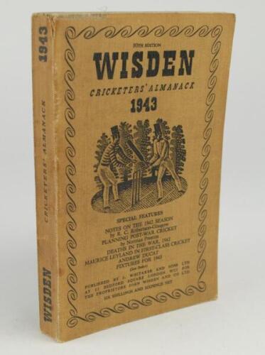 Wisden Cricketers’ Almanack 1943. 80th edition. Original limp cloth covers. Only 5600 paper copies printed in this war year. Some slight darkening and a degree of discolouration to covers, some wear and slight breaking to front internal hinge otherwise in