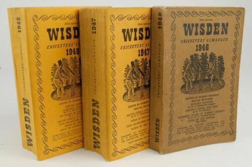 Wisden Cricketers’ Almanack 1946, 1947 and 1948. Original limp cloth covers. Slight darkening to the covers of the 1946 edition, name and address handwritten to first advertising page, light creasing to covers otherwise in good condition. The 1947 and 194