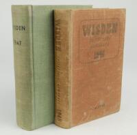 Wisden Cricketers’ Almanack 1946 and 1947. The 1946 edition in only fair condition, very worn boards and spine, dulled gilt titles, wear to board and corner extremities, worn front internal hinge, broken rear internal hinge, contents good and appears comp