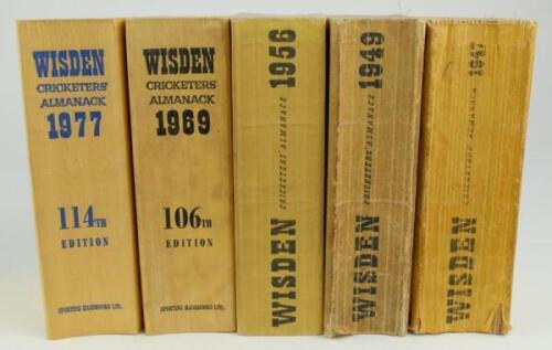 Wisden Cricketers’ Almanack 1947, 1949, 1956, 1969 and 1977. Original limp cloth covers. The first two editions with bowing to spines and breaking to an internal hinges, wear and staining to covers, the 1950 with some replacement covers, the 1956, 1969 an