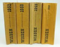 Wisden Cricketers’ Almanack 1948, 1949, 1950 and 1952. Original limp cloth covers. The 1948, 1949 and 1952 all with some bowing to spine to a greater or lesser degree, the 1948 edition with wear to covers, browning to pages and some breaking to page block