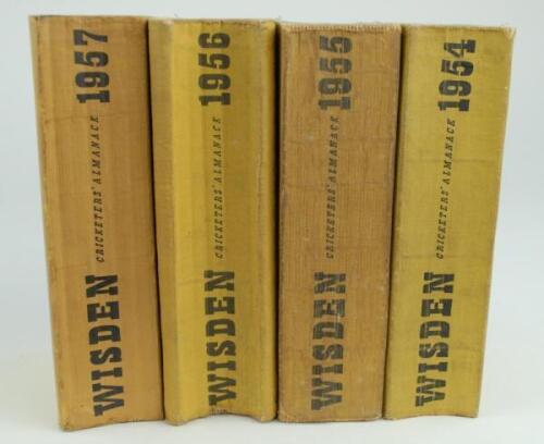 Wisden Cricketers’ Almanack 1954, 1955, 1956 and 1957. Original limp cloth covers. All four editions with some bowing to spine to a greater or lesser degree, the 1954 edition with some soiling and odd mark to covers, the 1955 edition with wear and chippin