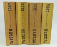 Wisden Cricketers’ Almanack 1954, 1955, 1956 and 1957. Original limp cloth covers. All four editions with some bowing to spine to a greater or lesser degree, the 1954 edition with some soiling and odd mark to covers, the 1955 edition with wear and chippin