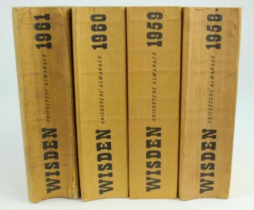 Wisden Cricketers’ Almanack 1958, 1959, 1960 and 1961. Original limp cloth covers. The 1958, 1959 and 1961 all with some bowing to spine to a greater or lesser degree, the 1958 edition with light creasing and soiling to covers and spine, the 1959 edition 